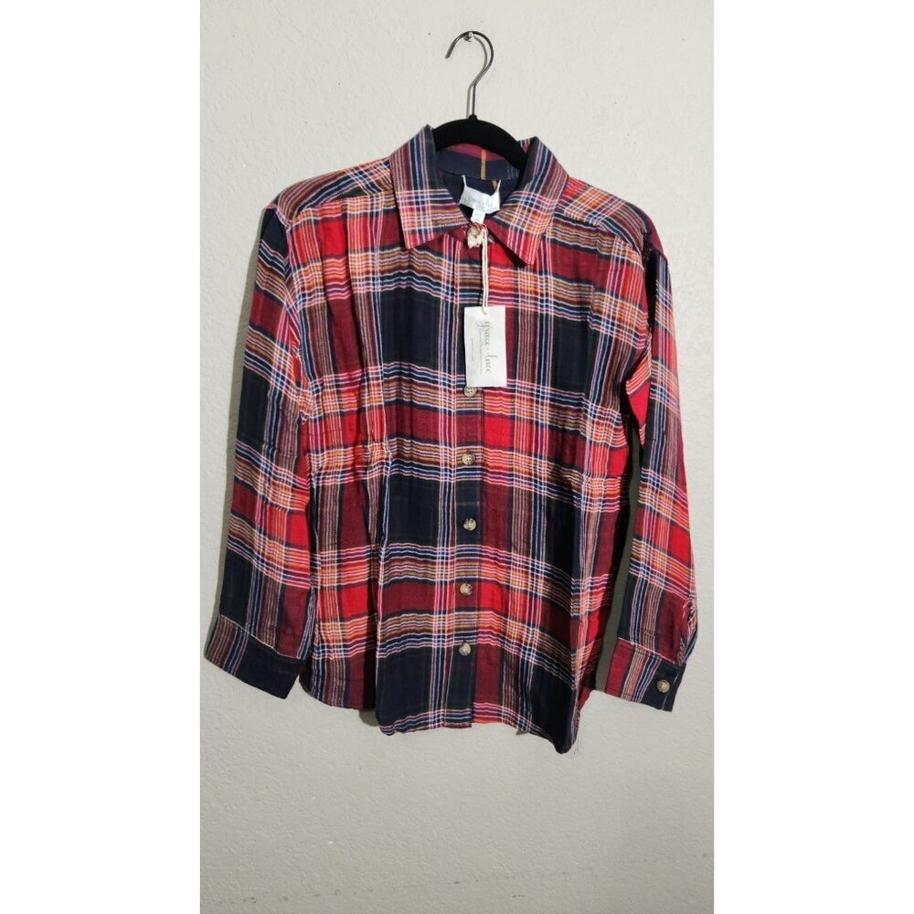 Grace and Lace Shirt Womens XXS Red Navy Plaid Button Up Long Sleeve Flannel Top